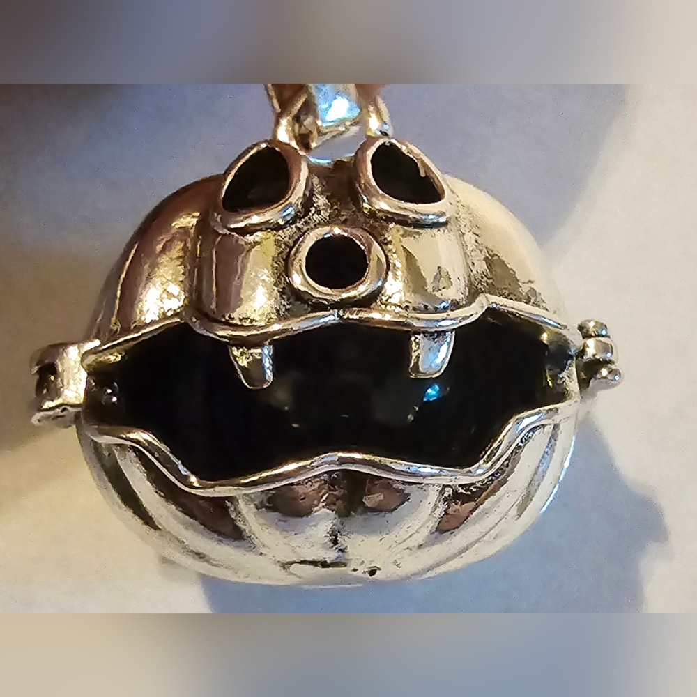 Halloween Silver Color Pumpkin Cage with 10mm Black Obsidian Gemstone Necklace - Picture 5 of 11